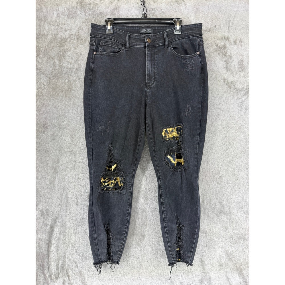 Judy Blue 16W Black Distressed Leopard Patch Skinny Jeans High Rise JB82168BK-PL